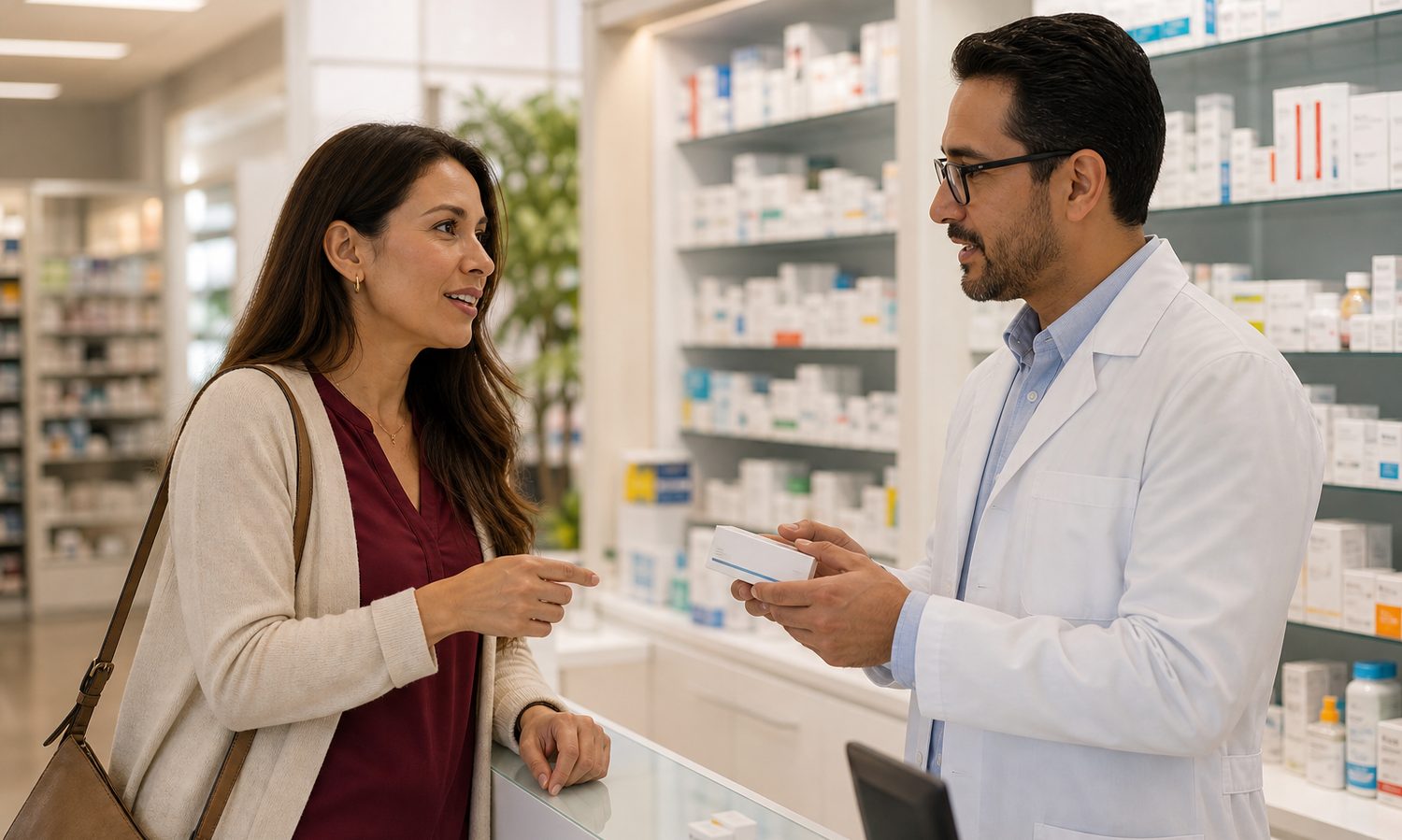 Clienta atendida por un farmacéutico en el mostrador — Cliente Misterioso de CIOM