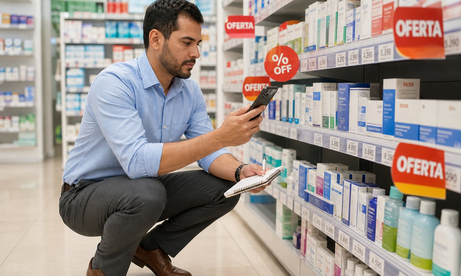 Analista relevando los precios y ofertas de la competencia en góndola — Monitoreo de Competencia de CIOM