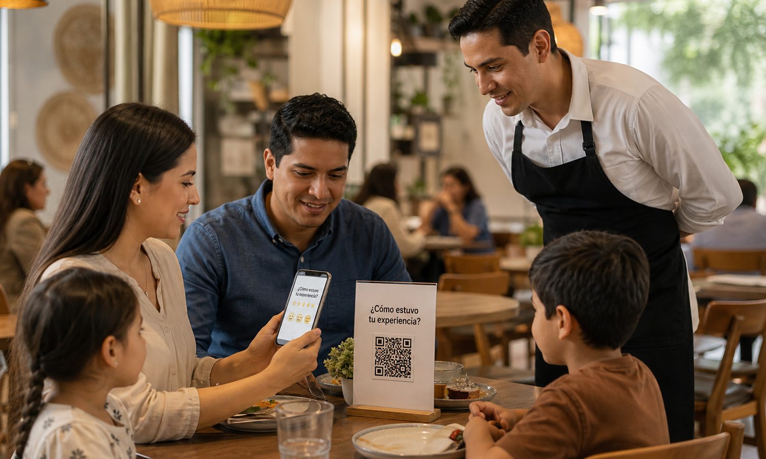 Cliente respondiendo una encuesta desde un QR en la mesa de un restaurante — Voz del Cliente de CIOM